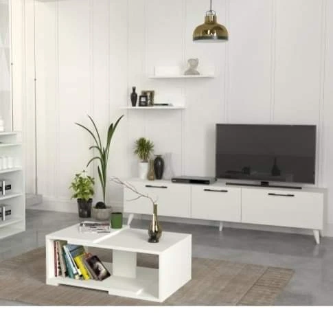 طقم قطعتين ترابيزة قهوة و ترابيزة تلفزيون 180- أبيض – TV07