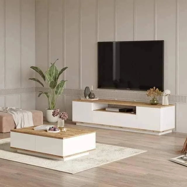 طقم قطعتين ترابيزة قهوة و ترابيزة تلفزيون 180- أبيض مع بيج – TV06